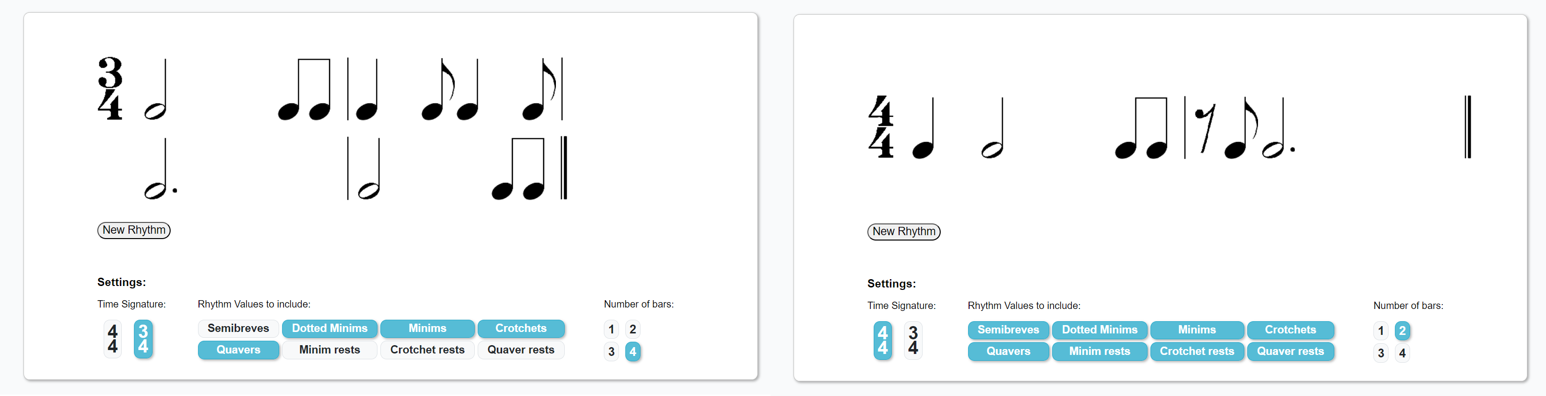 Screenshots of sight-reading rhythm app